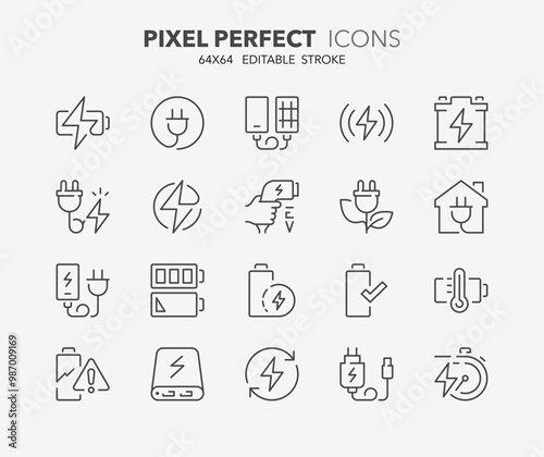 Line icons about battery charging. Contains such icons as charger, EV charger station, power bank and more. Editable vector stroke 64x64 pixel perfect