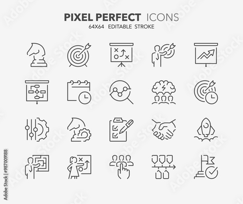 Line icons about action plan. Contains such icons as search strategy, target, scheme, timeline and workflow. Editable vector stroke 64x64 pixel perfect