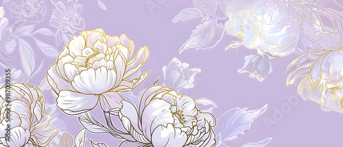 Fototapeta Naklejka Na Ścianę i Meble -  Hand-drawn line art, white peonies on a lilac background, with a white and gold patterned wallpaper design