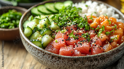 A vibrant poke bowl with fresh tuna, avocado, cucumber, and rice, artfully arranged in a ceramic bowl, with soft natural light enhancing the freshness, health, and vibrant colors of the dish