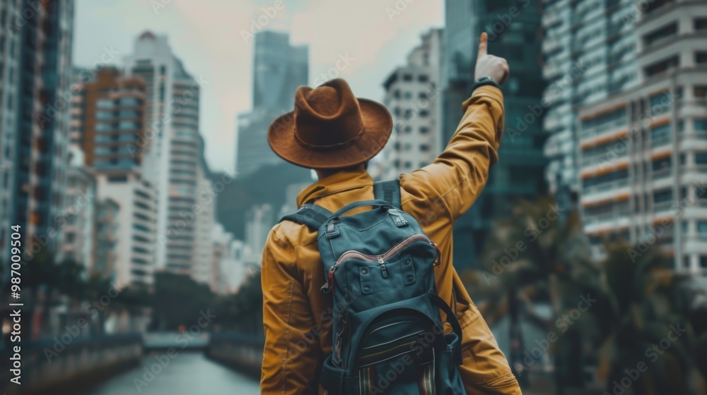 Urban Explorer in Yellow Jacket and Hat Amidst Cityscape