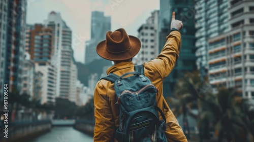 Urban Explorer in Yellow Jacket and Hat Amidst Cityscape