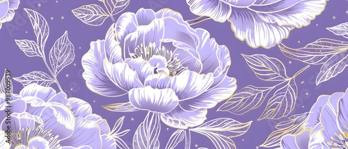 Fototapeta Naklejka Na Ścianę i Meble -  Hand-drawn line art, white peonies on a lilac background, with a white and gold patterned wallpaper design
