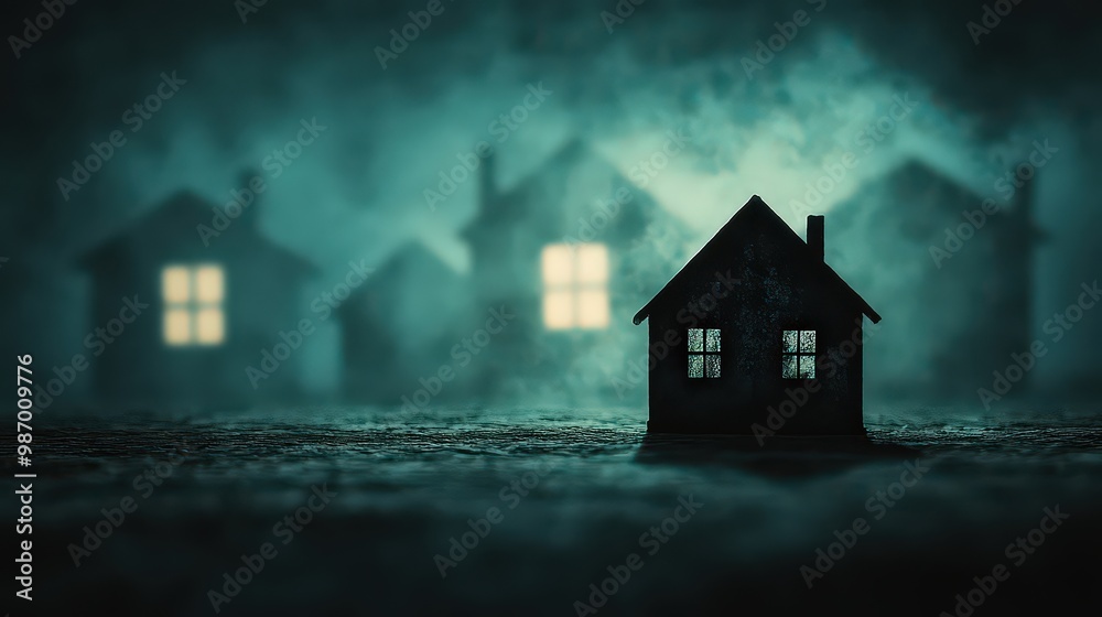Dark, eerie house model illuminated by faint window lights in a foggy, mysterious environment, evoking feelings of isolation and uncertainty. Dark, eerie house model illuminated by faint window lights in a foggy, mysterious environment, evoking feelings of isolation and uncertainty.