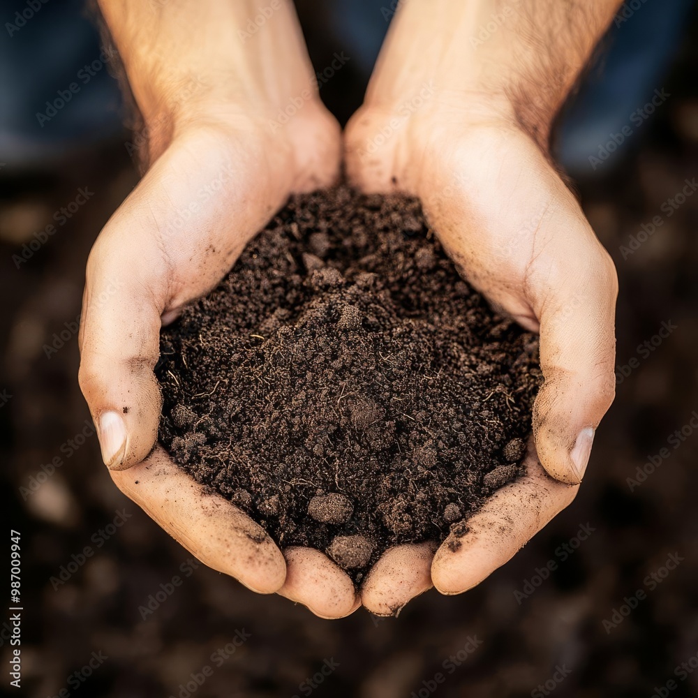 Hands holding rich soil filled with organic material, promoting agricultural sustainability Hands holding rich soil filled with organic material, promoting agricultural sustainability