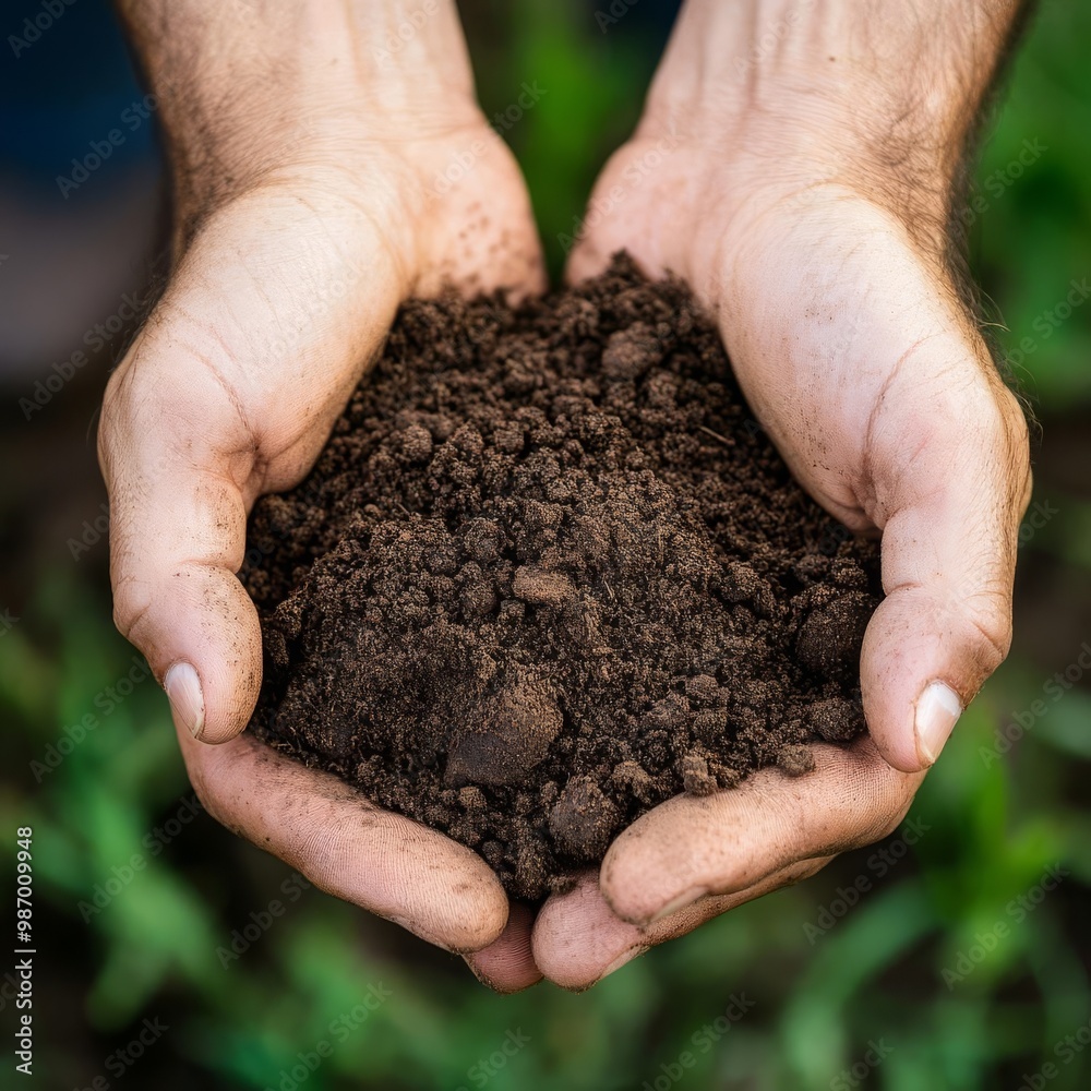 Hands holding fertile soil rich in organic matter, promoting agricultural fertility Hands holding fertile soil rich in organic matter, promoting agricultural fertility