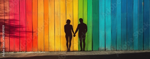 A rainbow-colored wooden wall with the shadow of people 