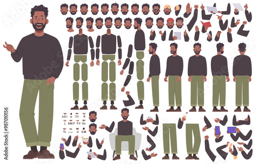 Black guy character constructor. Young man in casual clothes. Set of different body positions, arms, legs, head for animation and creating your own illustrations. DIY kit