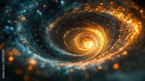  swirling galaxy with glowing golden light at its center, surrounded by cosmic dust. The image evokes the vastness of the universe and the beauty of space.