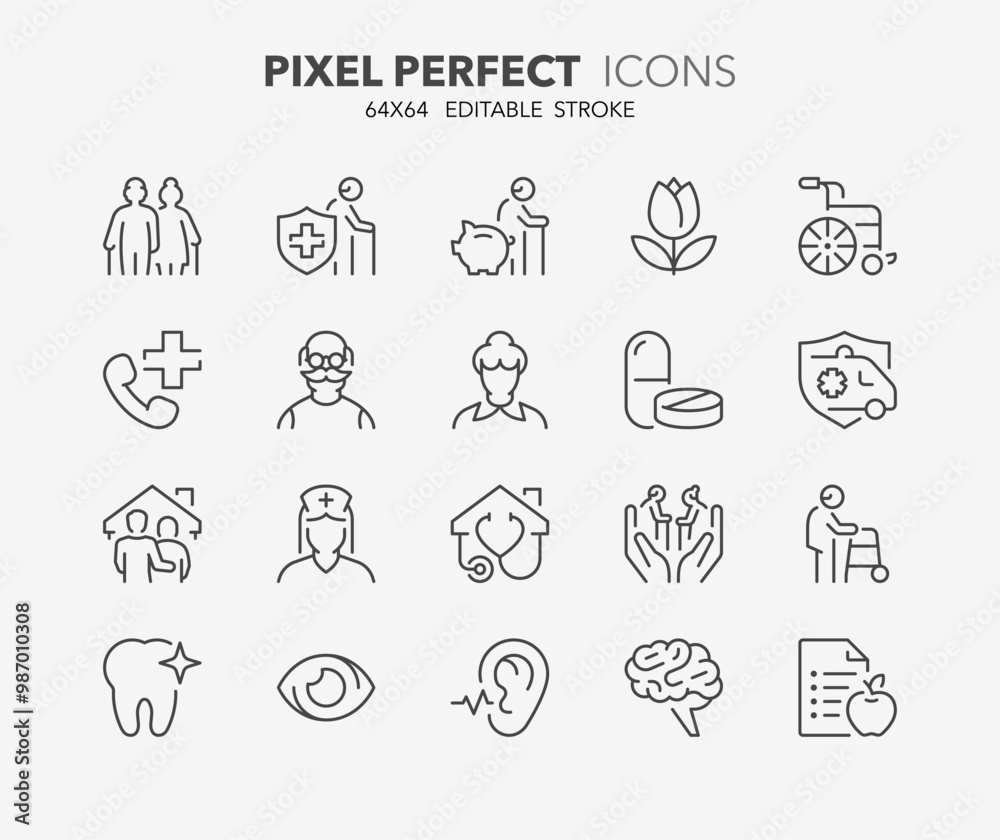 Line icons about elderly. Contains such icons as nursing home, insurances, medical assistance and more. Editable vector stroke. 64x64 pixel perfect Line icons about elderly. Contains such icons as nursing home, insurances, medical assistance and more. Editable vector stroke. 64x64 pixel perfect