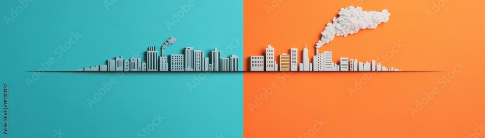 Fototapeta premium A contrasting city skyline split between clear blue and polluted orange, representing environmental change and urbanization.