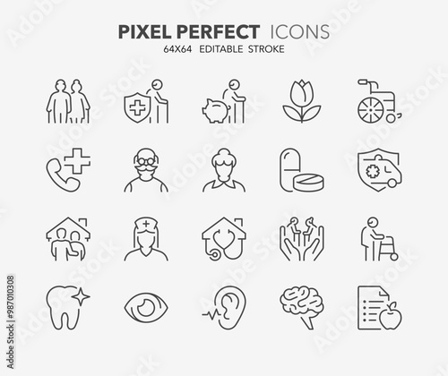 Line icons about elderly. Contains such icons as nursing home, insurances, medical assistance and more. Editable vector stroke. 64x64 pixel perfect