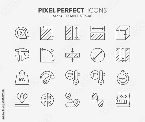 Line icons  about measuring. Contains such icons as tape measure, volume, weight, caliper and distance. Editable stroke Vector 64x64 pixel perfect