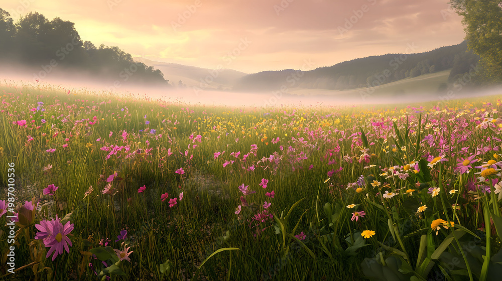 Naklejka premium beautiful wildflower field in morning mist, purple and yellow flowers landscape
