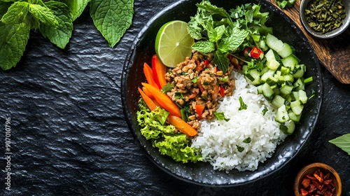 Delicious Larb with Rice, Vegetables, and Lime in a Black Bowl. photo