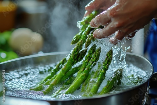 Chef Blanching Fresh Asparagus in Cooking Process