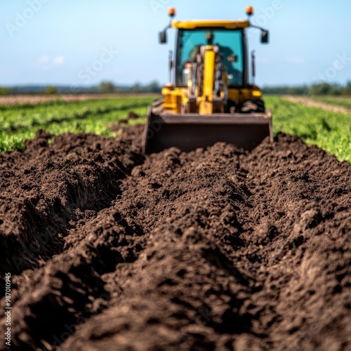 Heavy machinery turning soil in preparation for large-scale organic farming