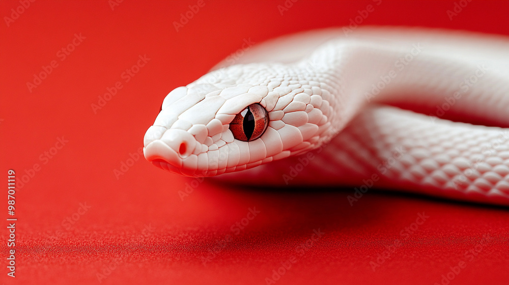 Fototapeta premium 赤い背景に置かれた白い蛇 Generative AI