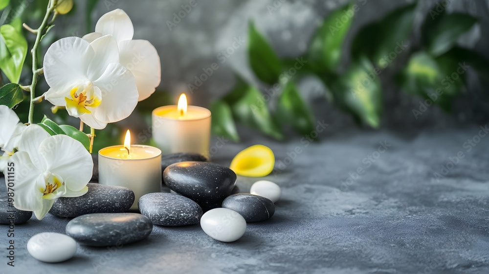 The image portrays a serene arrangement of white orchid flowers, stacked zen stones, and two lit candles on a soft, textured green background. The image portrays a serene arrangement of white orchid flowers, stacked zen stones, and two lit candles on a soft, textured green background.