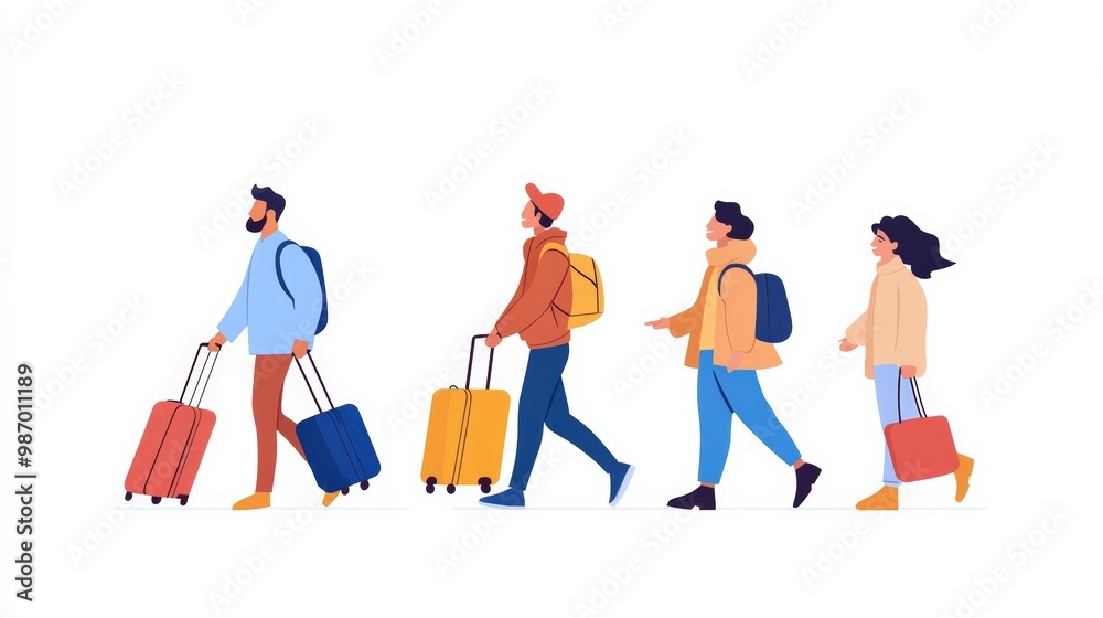 Fototapeta premium A group of travelers walking with colorful luggage, showcasing excitement and adventure in a minimalistic design.