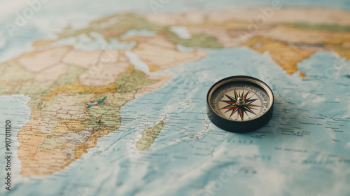 A detailed compass resting on an old world map, symbolizing navigation and adventure in exploration and travel.