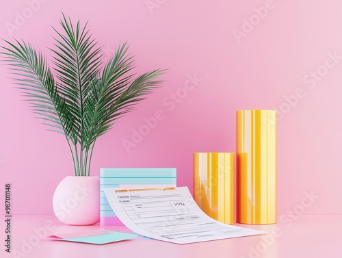 Minimalist Composition with Palm Leaf, Paper, and Cylinders on a Pink Background. photo