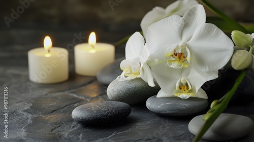 The image portrays a serene arrangement of white orchid flowers, stacked zen stones, and two lit candles on a soft, textured green background.