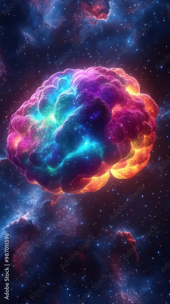 Illustrate a close-up view of a vibrant, multicolored nebula resembling a brain, symbolizing the boundless creativity of the human mind in CG 3D