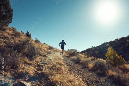 Dynamic Runner on Scenic Trail Under Bright Sunlight photo