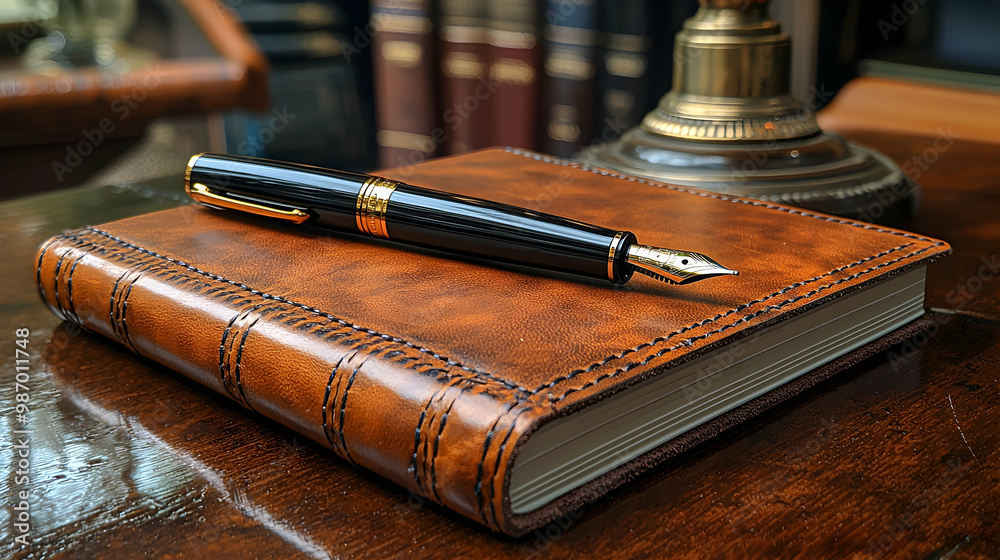 A luxury fountain pen placed elegantly on a premium leather notebook, with subtle reflections from a nearby lamp, evoking craftsmanship, professionalism, and sophistication