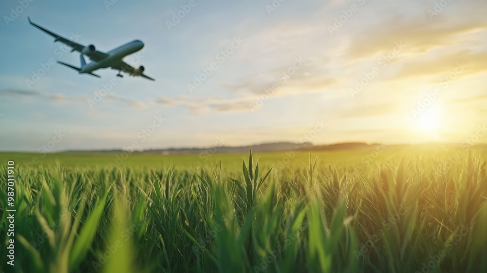 An airplane flying above lush green fields during sunset, symbolizing travel and adventure in a natural setting. An airplane flying above lush green fields during sunset, symbolizing travel and adventure in a natural setting.