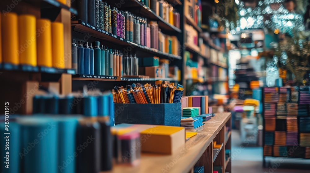 Colorful stationery items and notebooks neatly arranged on shelves in a well-organized store, perfect for creative minds. Colorful stationery items and notebooks neatly arranged on shelves in a well-organized store, perfect for creative minds.