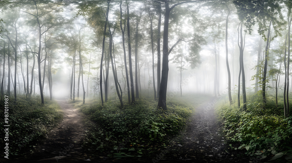 Obraz premium forest in mist with two paths for decision and exploration