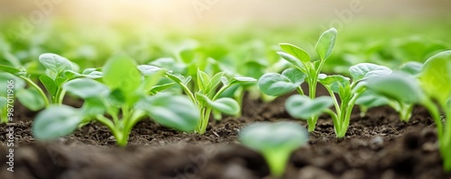 Lush green plants growing in a nutrient-rich soil bed, sustainable agriculture concept