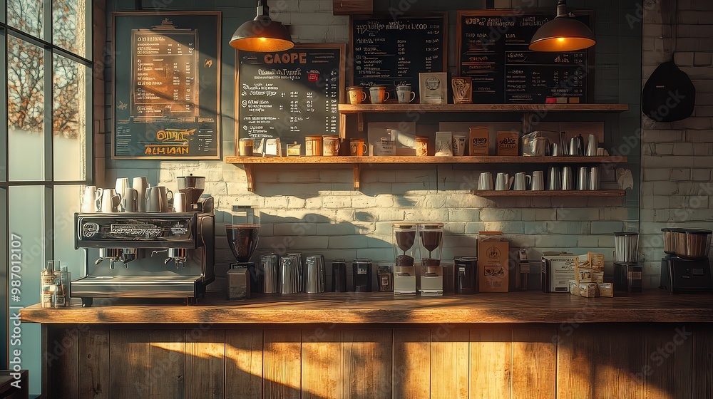 Cozy coffee shop with warm lighting, wooden counter, and a barista setup ready to brew fresh espresso. Cozy coffee shop with warm lighting, wooden counter, and a barista setup ready to brew fresh espresso.