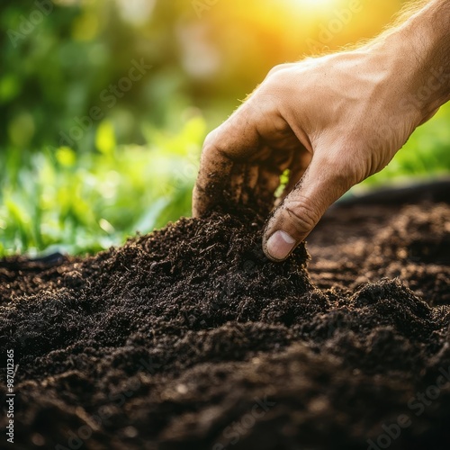 Organic compost being mixed into topsoil by hand, soil enrichment and sustainable farming