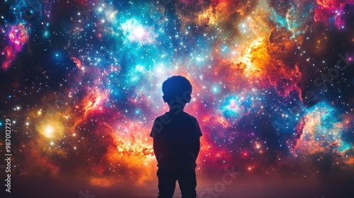 Illustrate a rear view of a childs silhouette in front of vibrant, multicolored galaxies, symbolizing boundless imagination