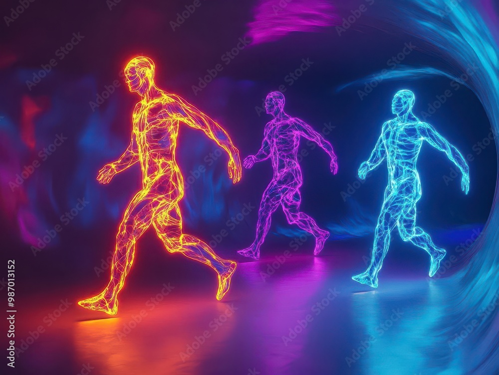 Fototapeta premium Illustrate abstract human forms in a side view, swirling with neon colors, dancing through a digital dreamland created with photorealistic digital techniques