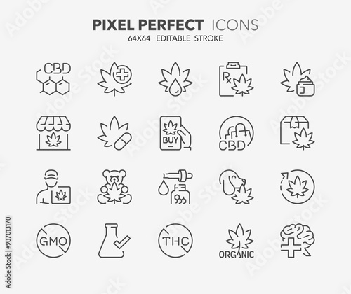 Line icons about cannabidiol. Contains such icons as CBD molecular symbol, treatments, medical benefits and more. Editable vector stroke. 64x64 pixel perfect
