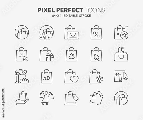 Line icons set about shopping bags. Contains such icons as sale, eco, click and collect, grocery and more. Editable vector stroke 64x64 pixel perfect