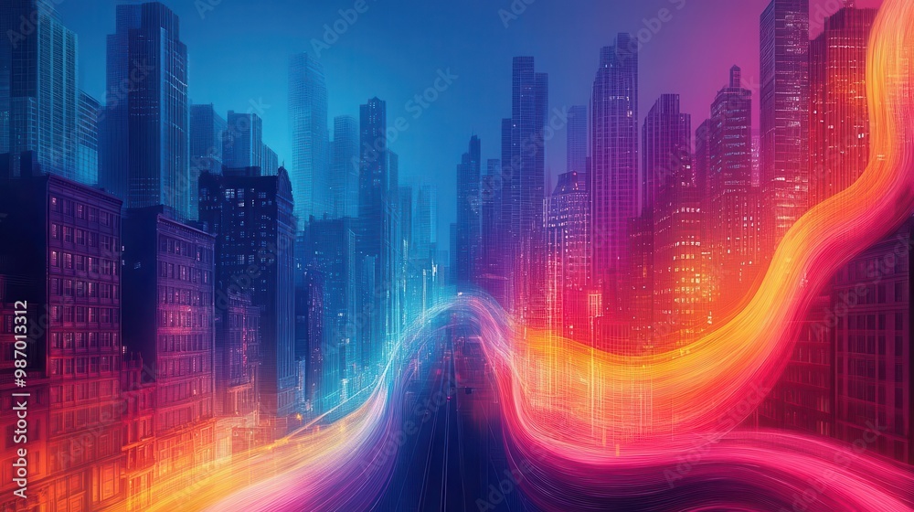 Illustrate an imaginative cityscape with lively, morphing hues intertwined with the architecture, rendered in a modern, graphic art technique for a futuristic touch Illustrate an imaginative cityscape with lively, morphing hues intertwined with the architecture, rendered in a modern, graphic art technique for a futuristic touch