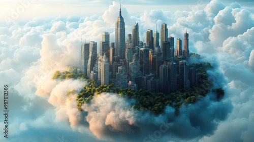 Illustrate an eye-level view of a cityscape perched on a magical cloud of shifting hues, embodying creative and fantastical urban design photo