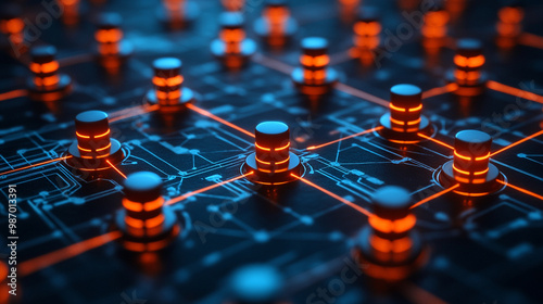 A futuristic digital network with glowing nodes and circuits, symbolizing technology and data connectivity. photo