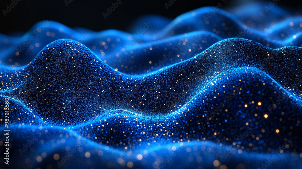 A mesmerizing abstract depiction of glowing waves illuminated by blue light and sprinkled with shimmering stars in a dark background. A mesmerizing abstract depiction of glowing waves illuminated by blue light and sprinkled with shimmering stars in a dark background.