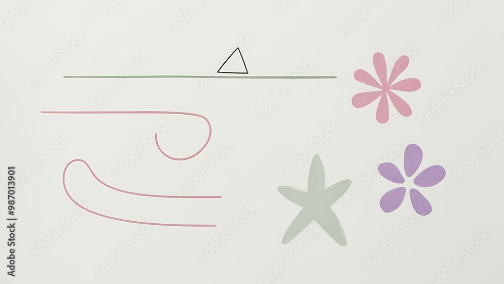 Minimalist abstract illustration with geometric shapes and organic lines. Features a pink triangle, black stars, wavy lines, and a pink flower with green leaves on a light off-white background. Minimalist abstract illustration with geometric shapes and organic lines. Features a pink triangle, black stars, wavy lines, and a pink flower with green leaves on a light off-white background.