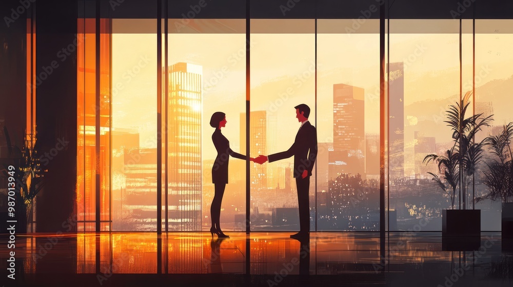 Fototapeta premium two executives, one handing over and the other receiving a happy, smiling face.The handshake is symbolic of a successful business deal and trust
