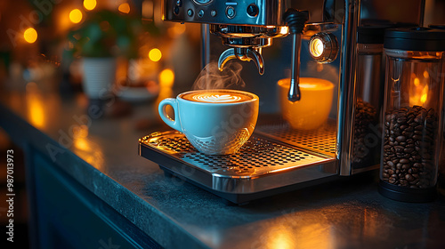 A premium espresso machine with a sleek design, sitting on a polished kitchen counter with a cup of fresh espresso steaming beside it, illuminated by warm light that evokes luxury and modern coffee