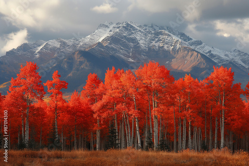 The Rocky Mountains in Canada are colored with red maple photo