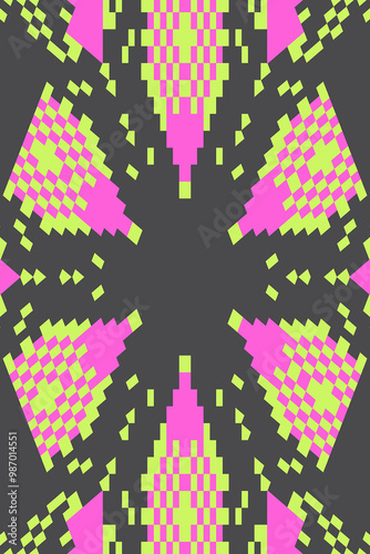 Abstract Christmas pixel retro 8bit geometric snowflake video game background. Neon pink green cyber punk, psychedelic 80s, 90s, 2000s neon texture, retro Xmas holiday banner, screen, poster design