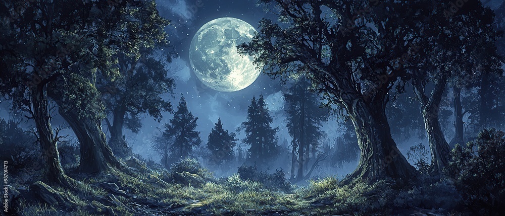 Naklejka premium A full moon shines brightly in the night sky over a dense, dark forest.